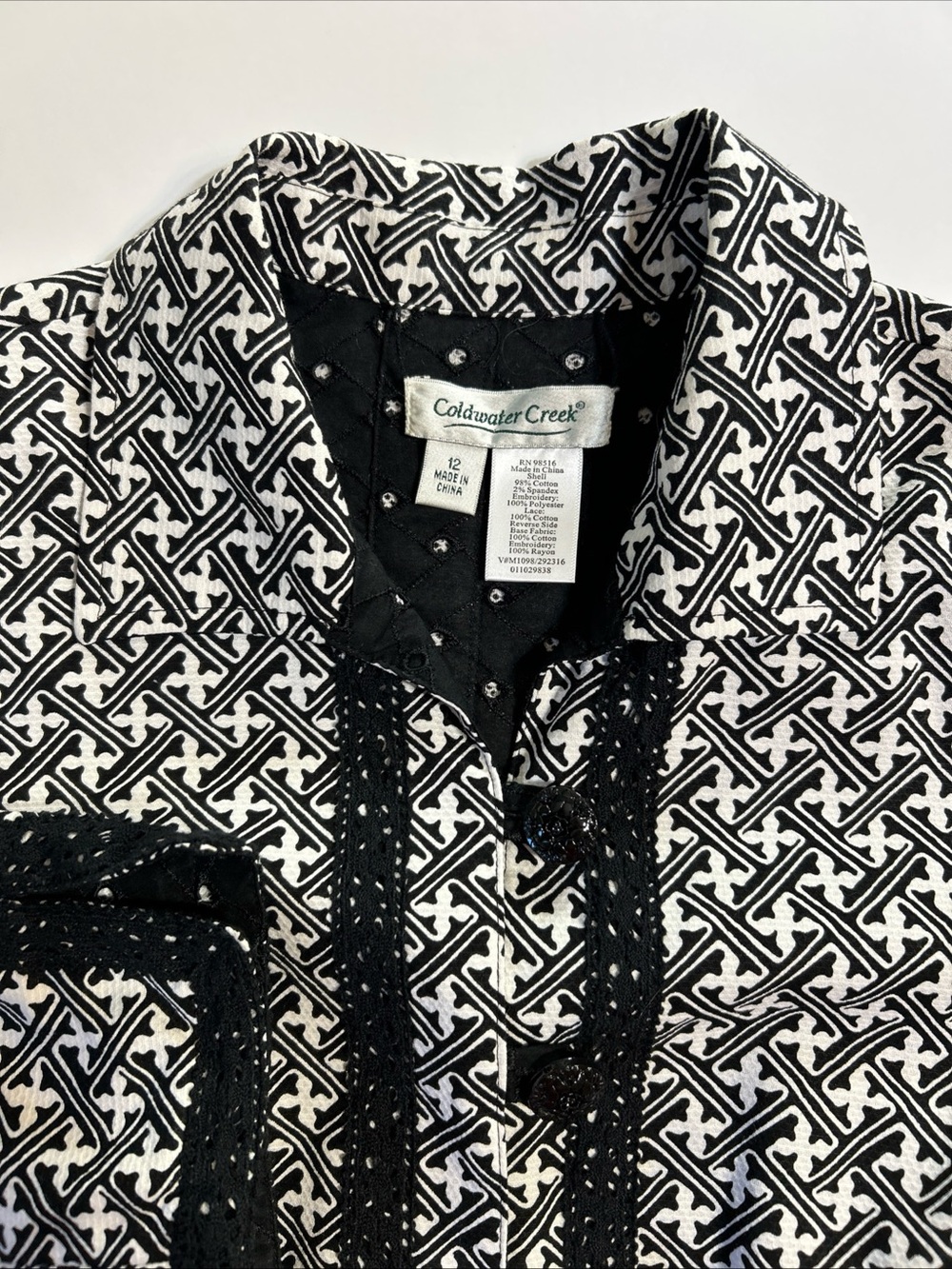 Coldwater Creek Blazer Reversible Floral W/appliqué / Black Eyelet Jacket Sz 12